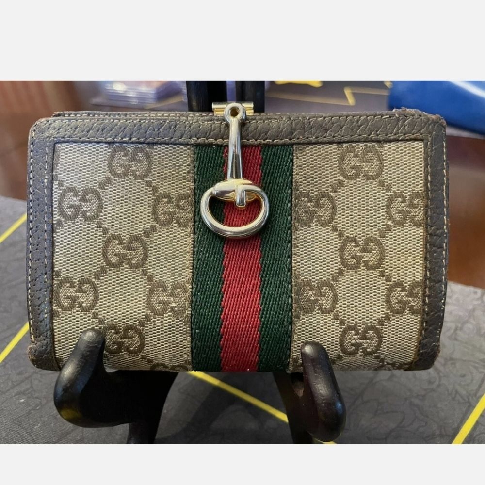 VINTAGE GUCCI 60'S BROWN LEATHER TRIMMED GG LOGO CANVAS WALLET & DUSTBAG